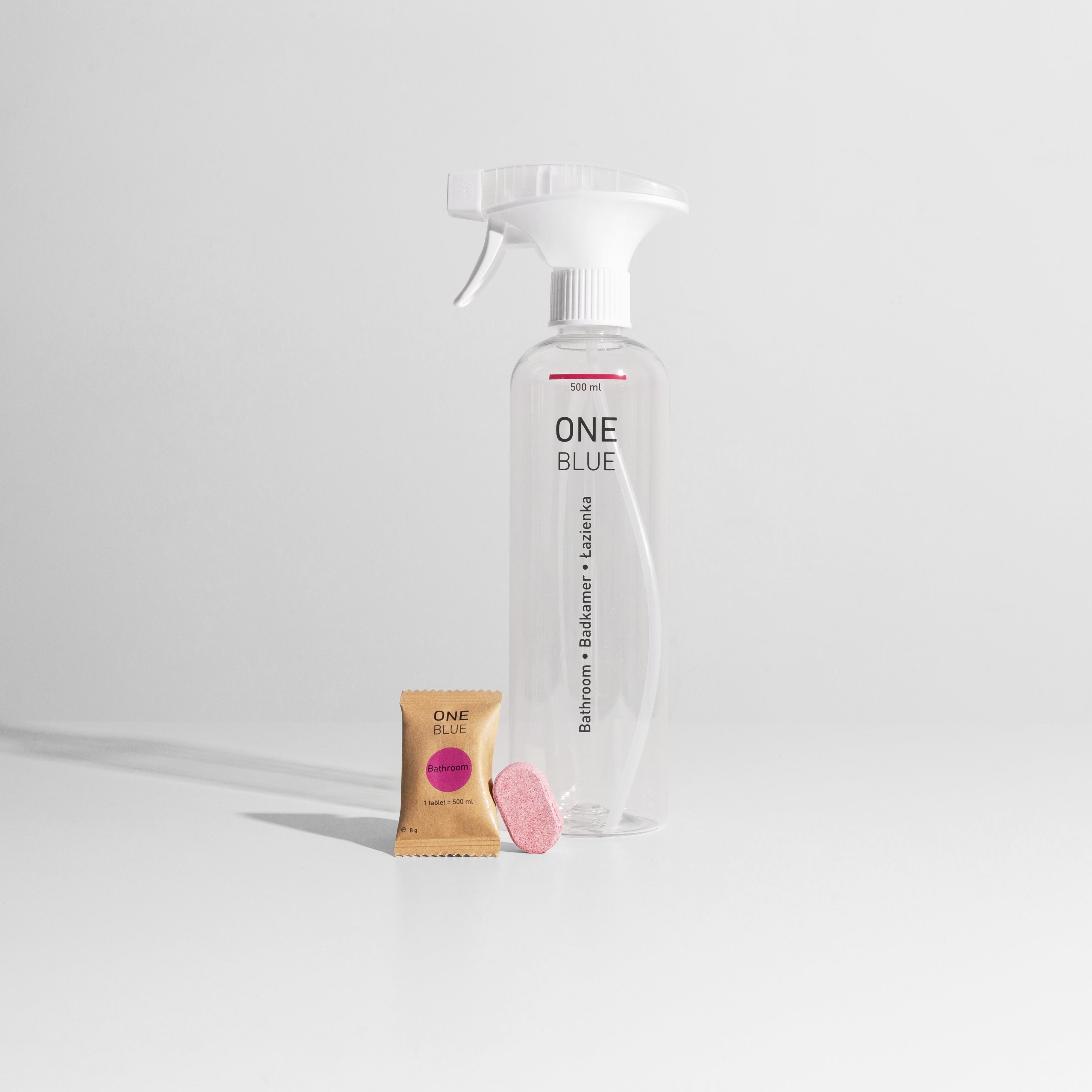 Starter pack bathroom cleaner with a reusable spray bottle and 1 tablet