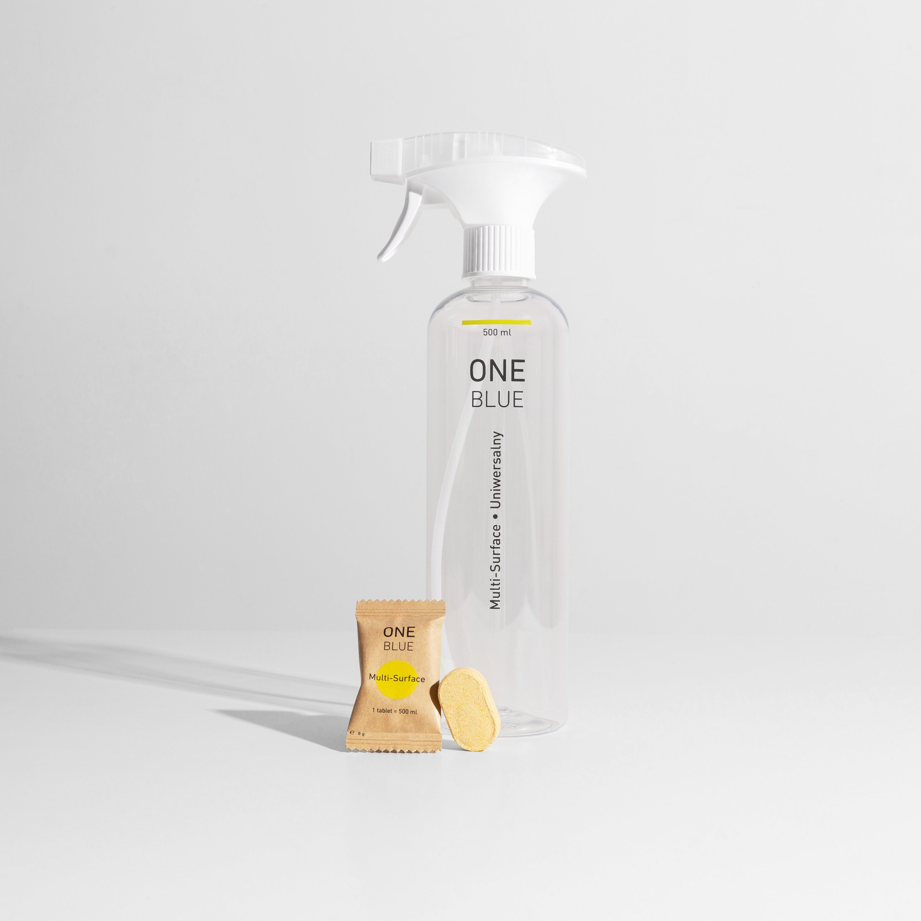 Multi-surface starter pack with a reusable spray bottle and 1 tablet