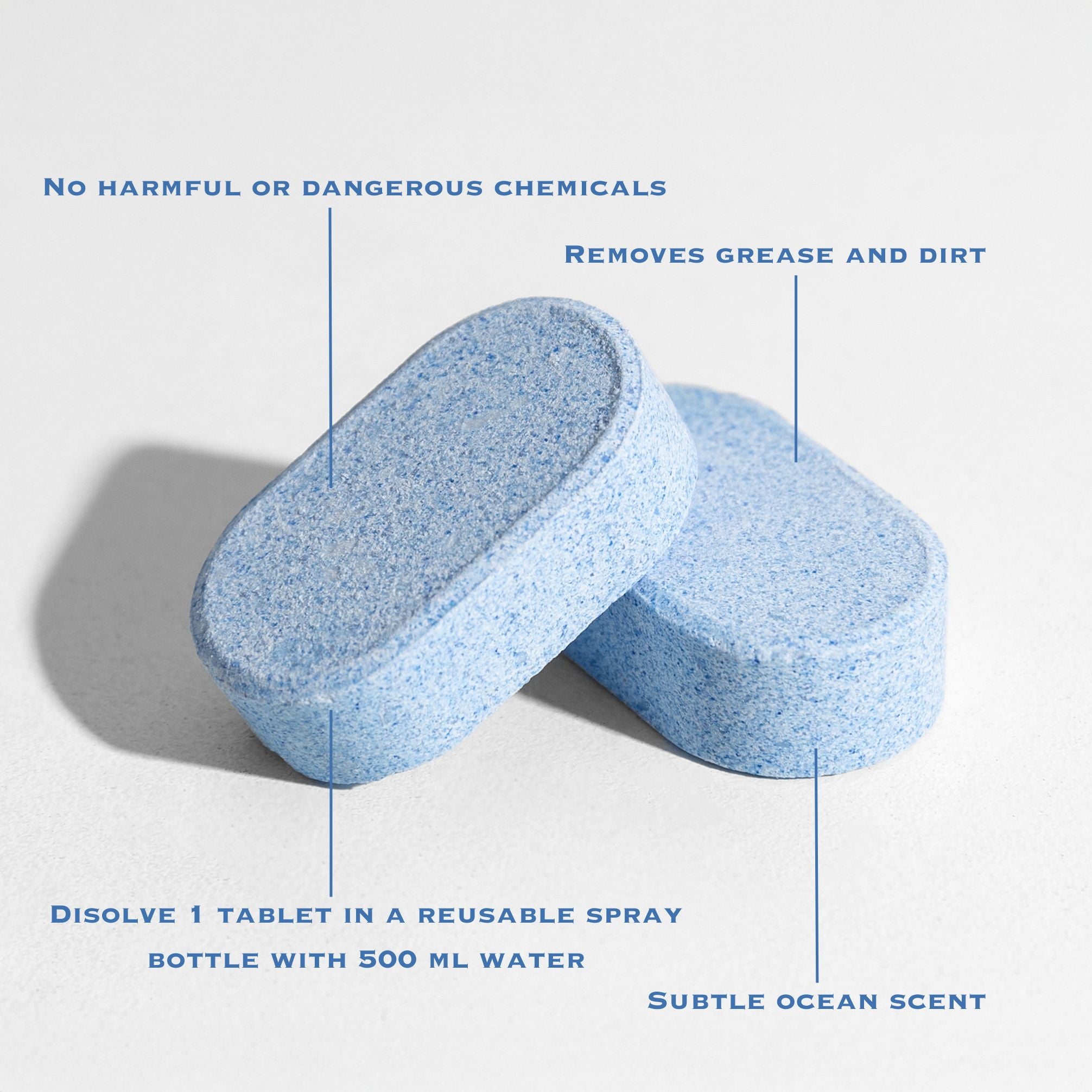 Glass cleaner tablets with descriptions