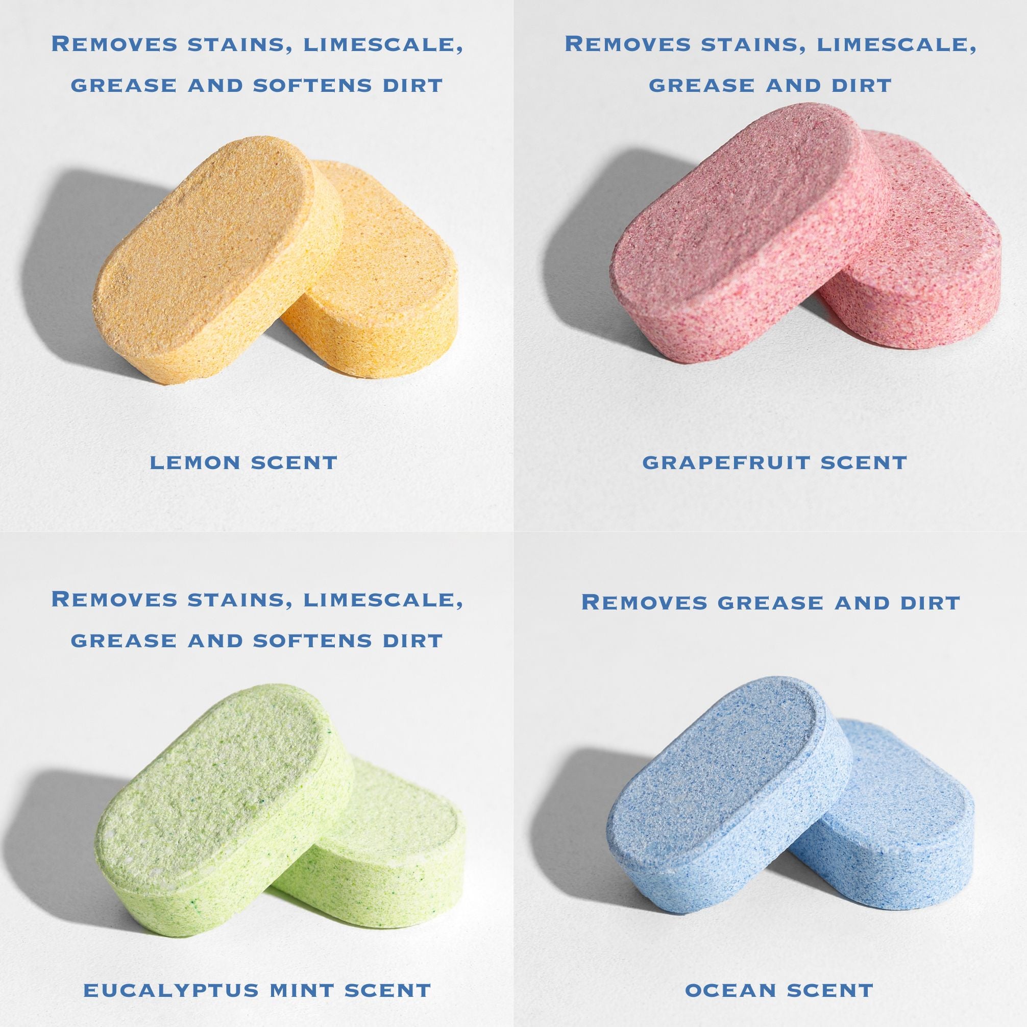 4 different One Blue tablets with their scents and cleaning abilities