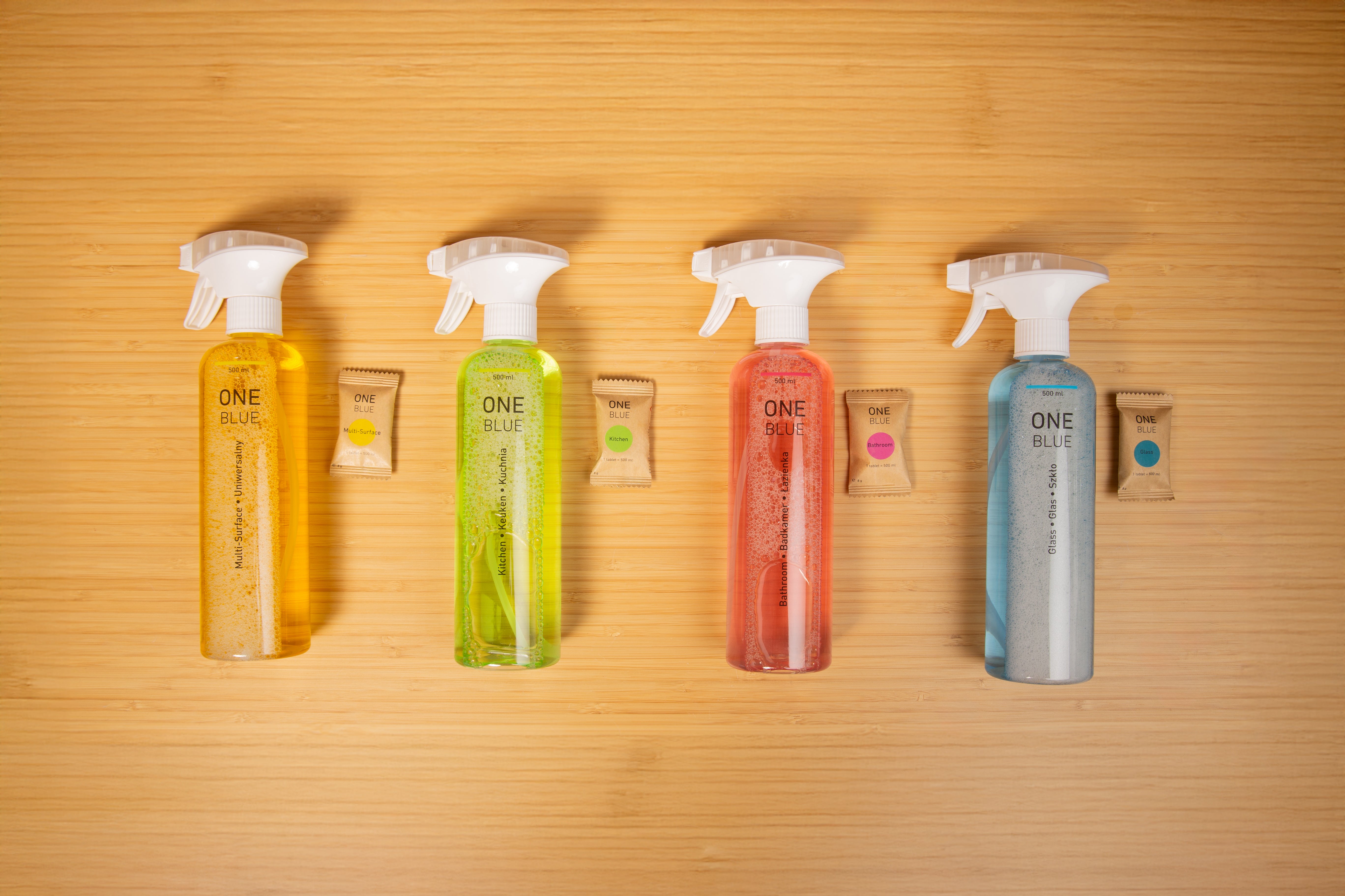 Ecological cleaning products with refill tablets and reusable bottles