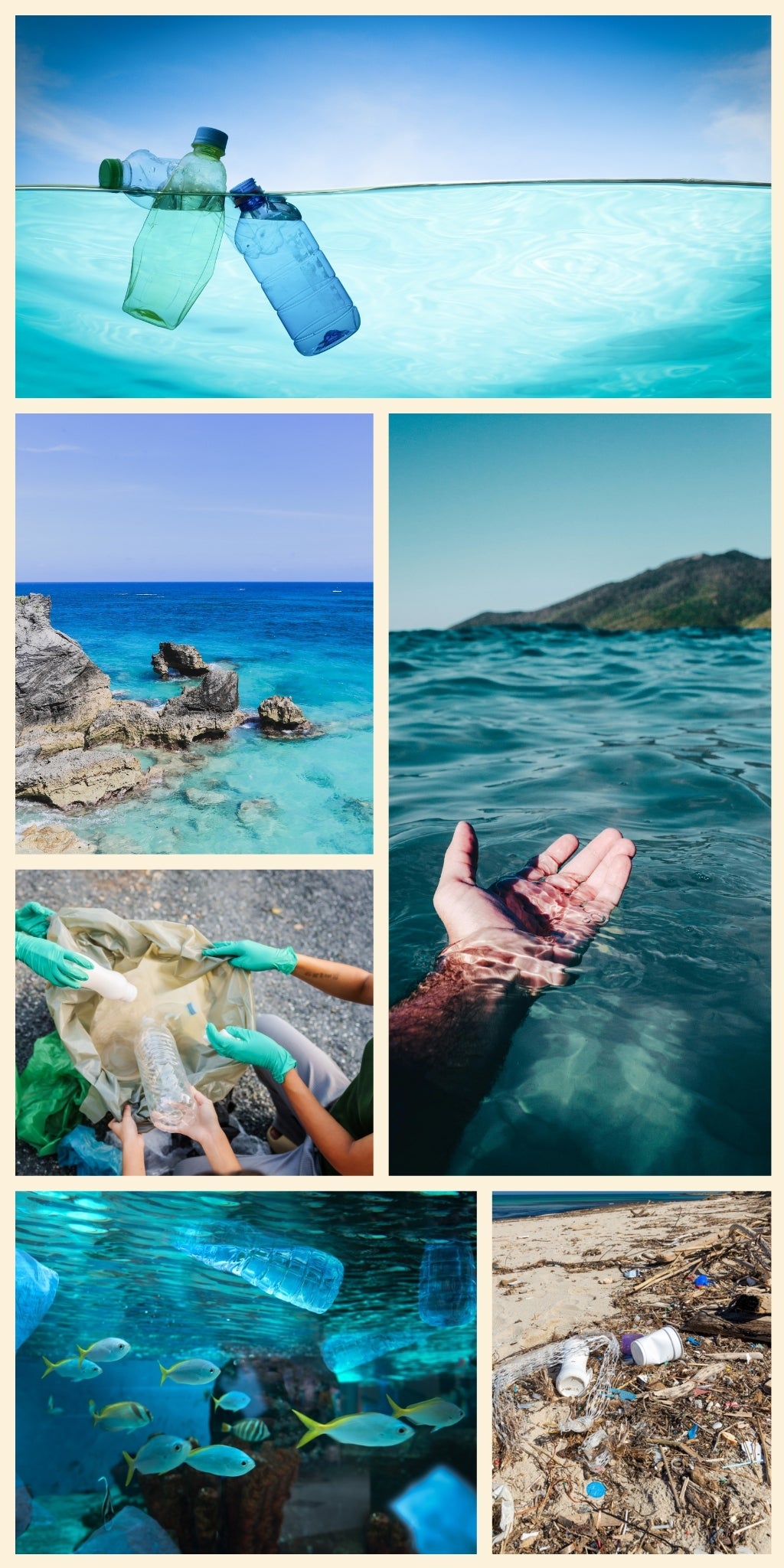Collage of sea, clean and polluted with plastic